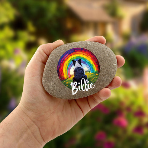 Rainbow Border Collie Personalised Pebble